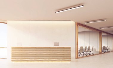 Resepsiyon Masası uzun güneşli koridorda önden görünümü