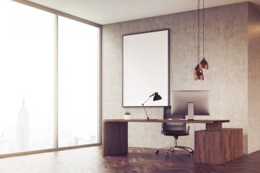 Ceo ofis panoramik pencere ve tonda poster, yan görünüm