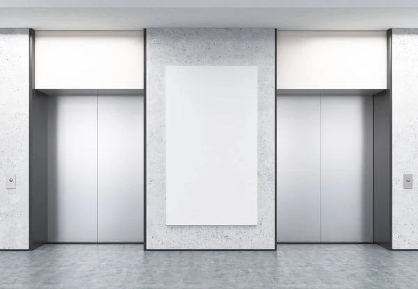 コンクリートの壁とポスターと廊下に 2 つの閉じたエレベーター — ストック写真