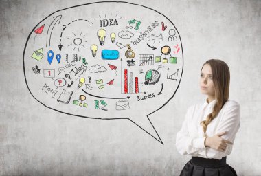 Genç kadın ve konuşma balonu ile iş ikonları/simgeleri