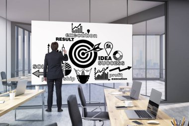 İş coach büyük bir motivasyon posteri ofiste çekiyor
