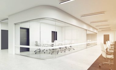 Office ile köşeleri yuvarlatılmış konferans salonu, tonda yan görünüm