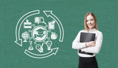 Sarışın kadın ile bir klasör ve eğitim kutsal kişilerin resmi