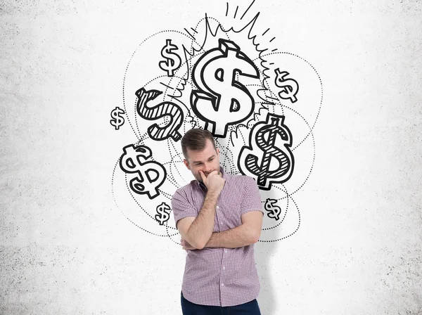 Gondolkodó ember közelében süt a dollár jeleket — Stock Fotó