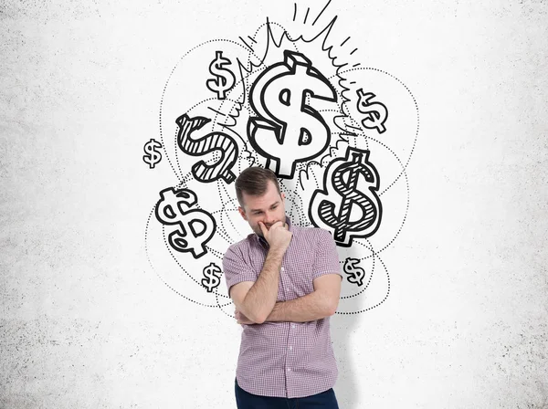 Thinking man near shining dollar signs — Stock Photo, Image