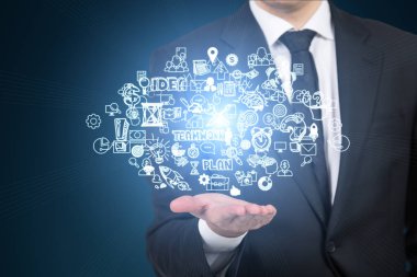 İş İkonları/Simgeleri onun avucunda tutan işadamı