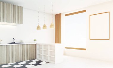 Hafif ahşap mutfak tezgahı parlak bir günde tonda köşesinde