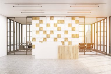 Office lobi ile döşenmiş beyaz ve ahşap duvar, tonda