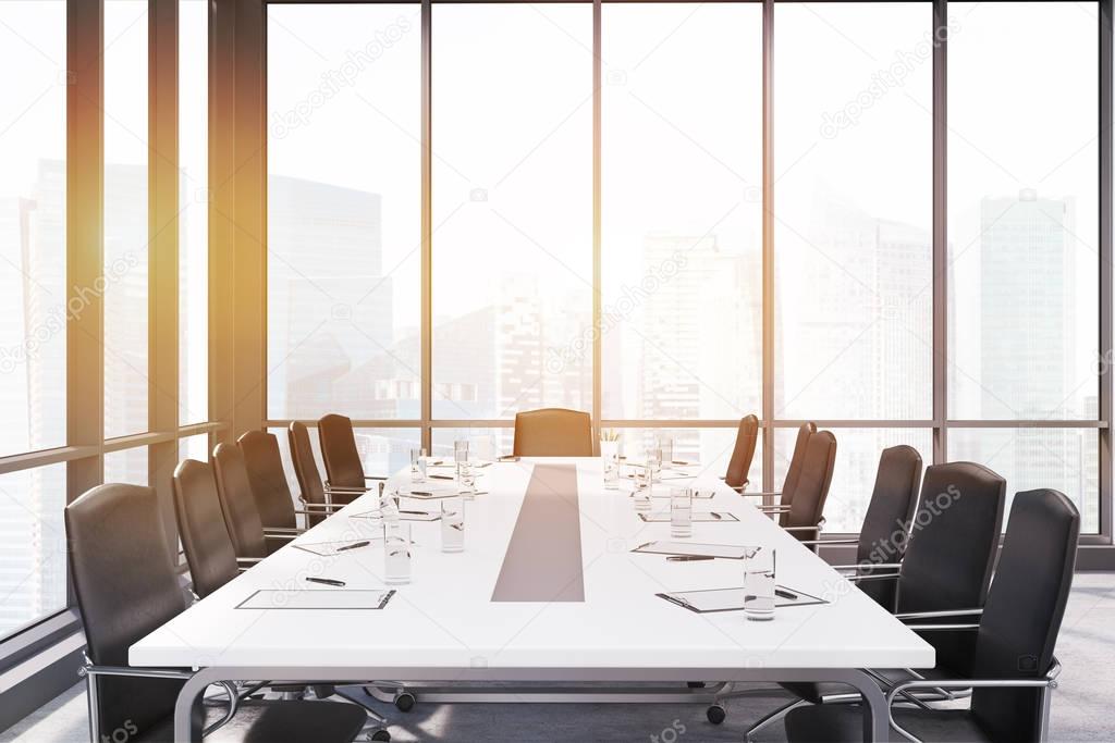 Long conference room table in panoramic windows room, toned