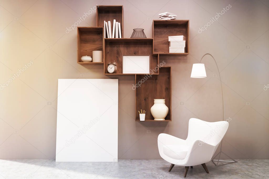 Dark wood shelves, a poster and an armchair, toned