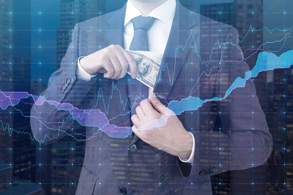 Close up of a broker with dollar bills and graphs — Stock Photo, Image