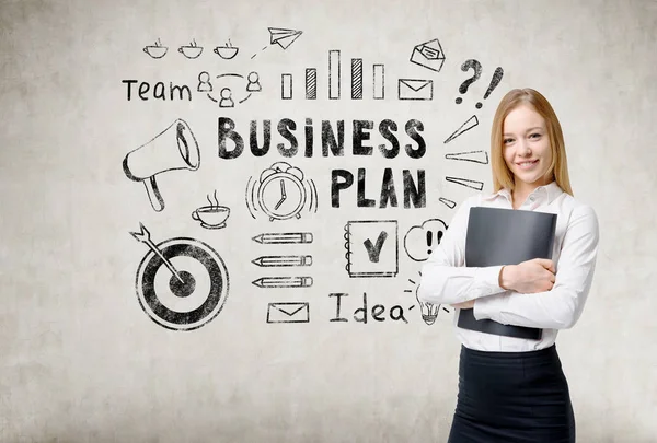 Blond girl with folder and business plan icons — Stock Photo, Image