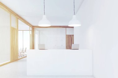 Office lobi bir resepsiyon masası ve ahşap kapılar, tonda