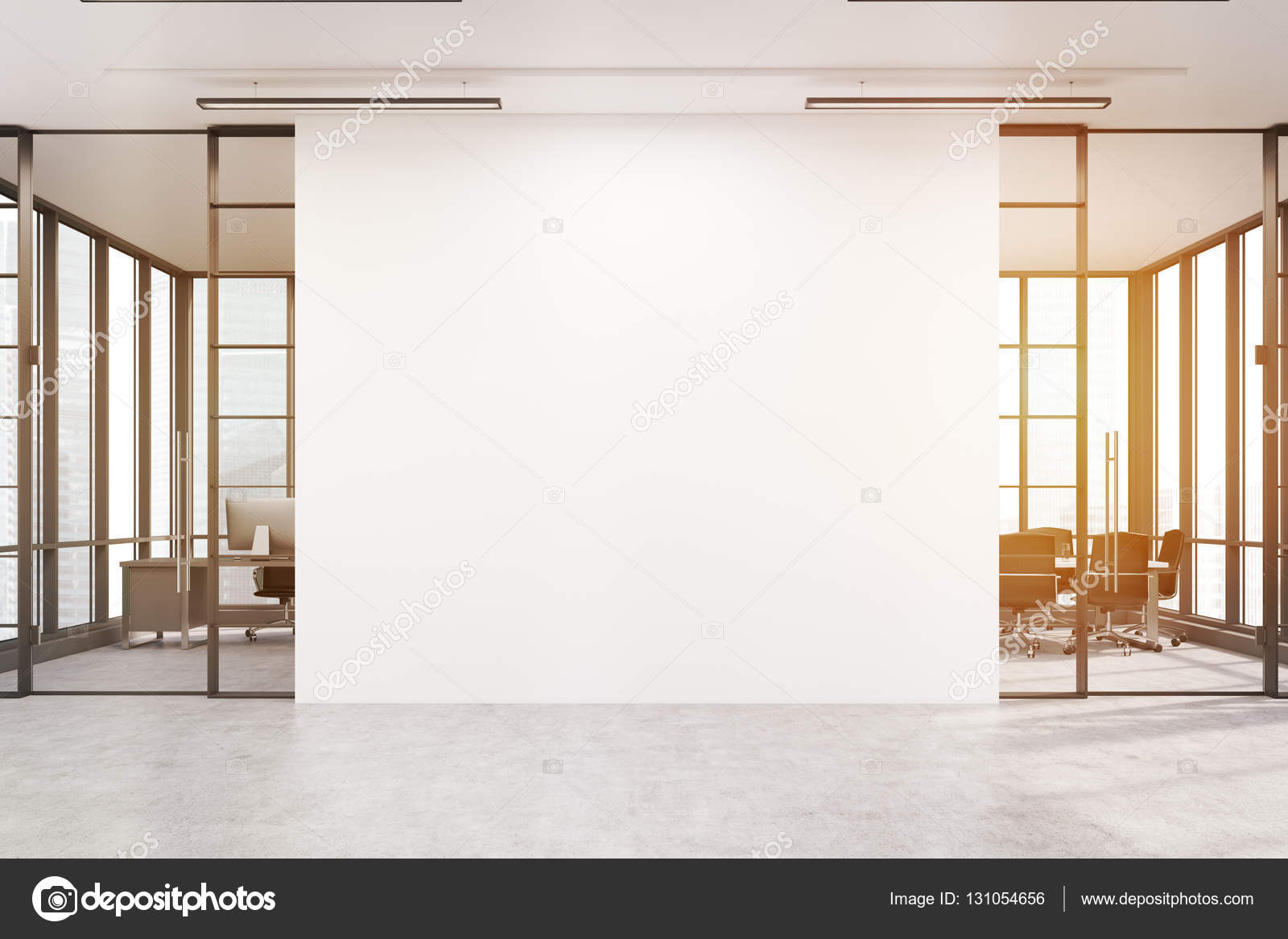 Office Lobby With A Large White Wall And Two Meeting Rooms