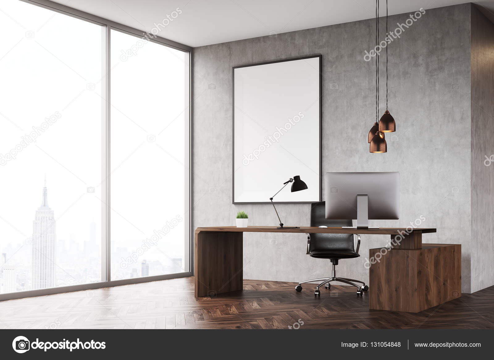 Side View Of Ceo Office With Panoramic Window And Poster