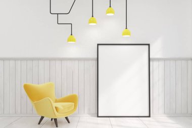 Çerçeveli bir dikey poster ve sarı bir tekli Oda