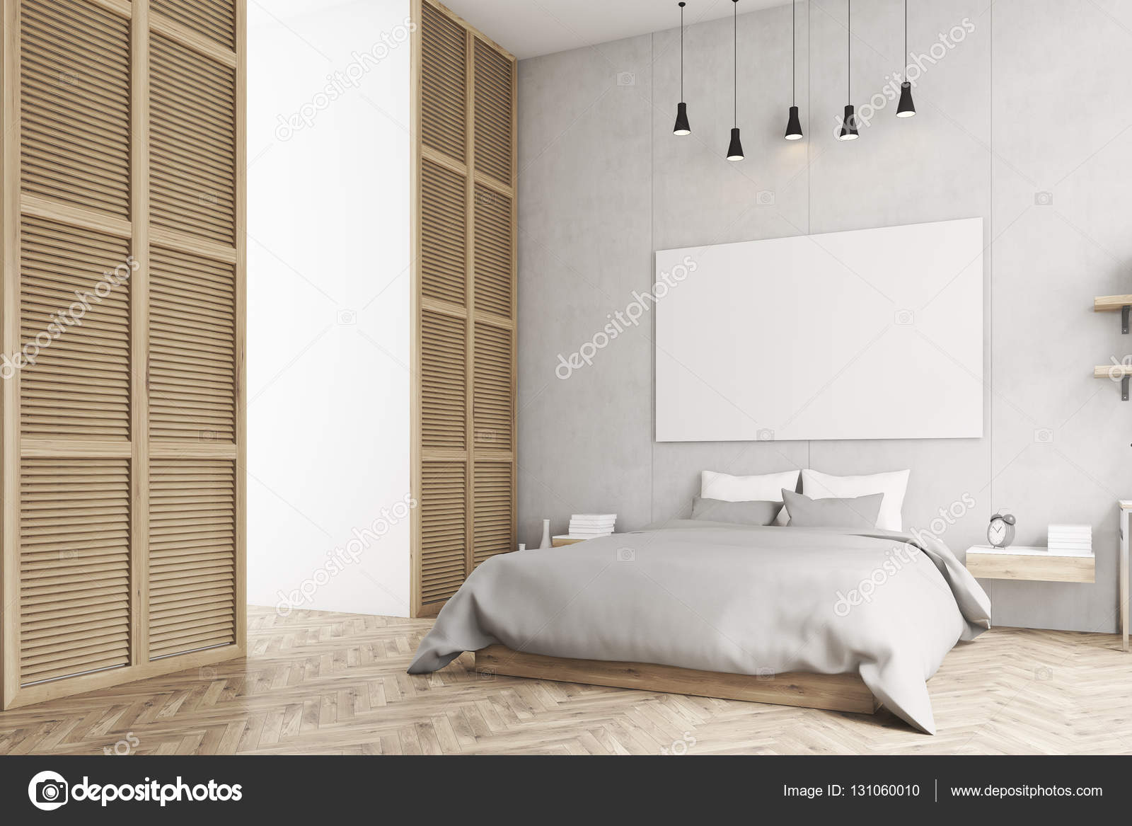 Slaapkamer met poster en een venster in een beige muur — Stockfoto ... Slaapkamer met poster en een venster in een beige muur — Stockfoto ...