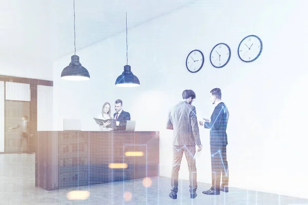 People standing near an office counter with three clocks, toned — Stock Photo, Image