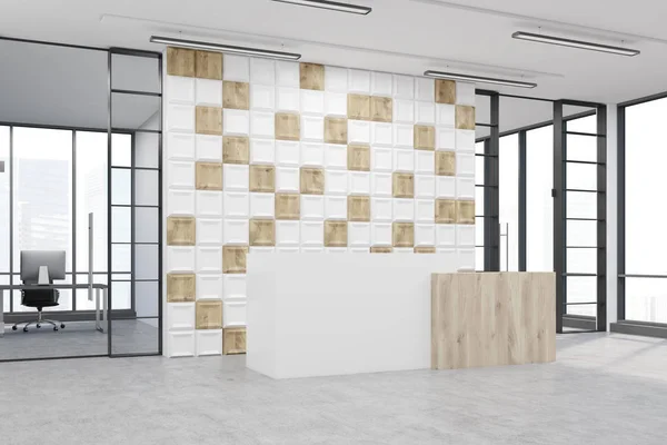 Vista laterale di una hall per ufficio con parete piastrellata bianca e in legno — Foto Stock