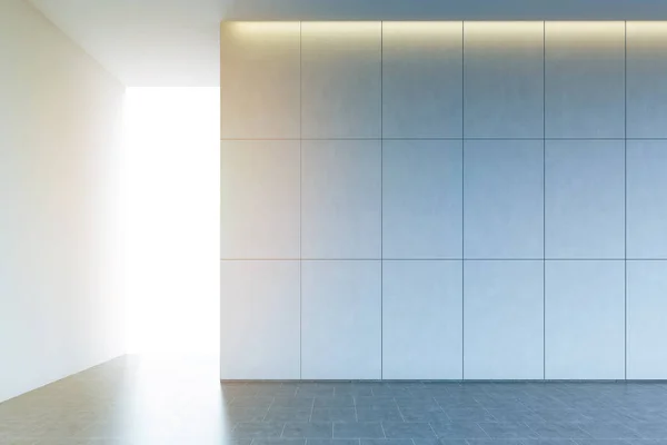 Vista frontale di un bagno interno vuoto con una parete piastrellata, tono — Foto Stock