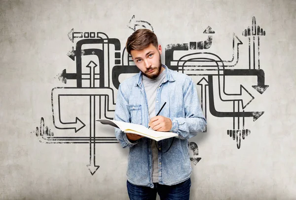 Bearded man and tangled arrows icons on concrete wall — Stock Photo, Image