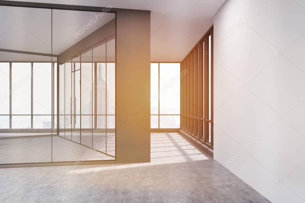 Empty office with glass and white concrete walls, toned