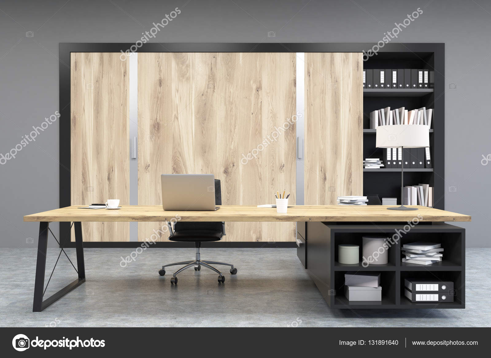 Front view of a CEO office with wooden doors and a bookcase — Stock Photo ©  denisismagilov #131891640, image size:1600x1166