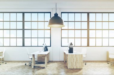 Bir ofis ahşap zemin ve tonda mobilya, yan görünüm