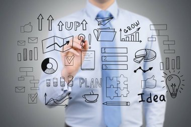 İşadamı mavi gömlekli bir başlangıç fikir kroki çizim bir 