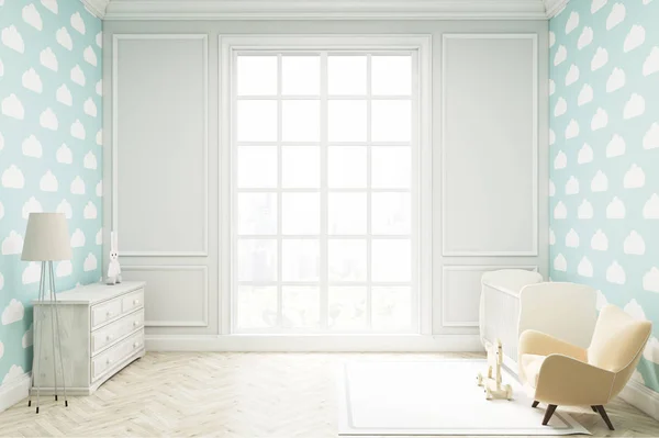 Habitación infantil con fondo de pantalla de nube en la pared azul —  Fotos de Stock