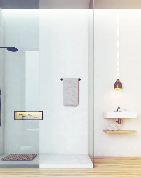 Bagno e toilette interni con pareti bianche, tonica — Foto Stock