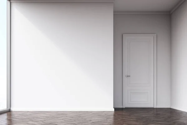 Pusty pokój z białe ściany i podłoga wyłożona jest ciemnym drewnem — Zdjęcie stockowe