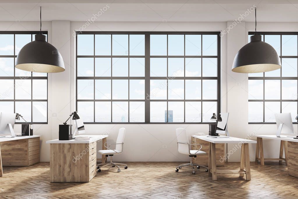 Office with wooden floor and furniture