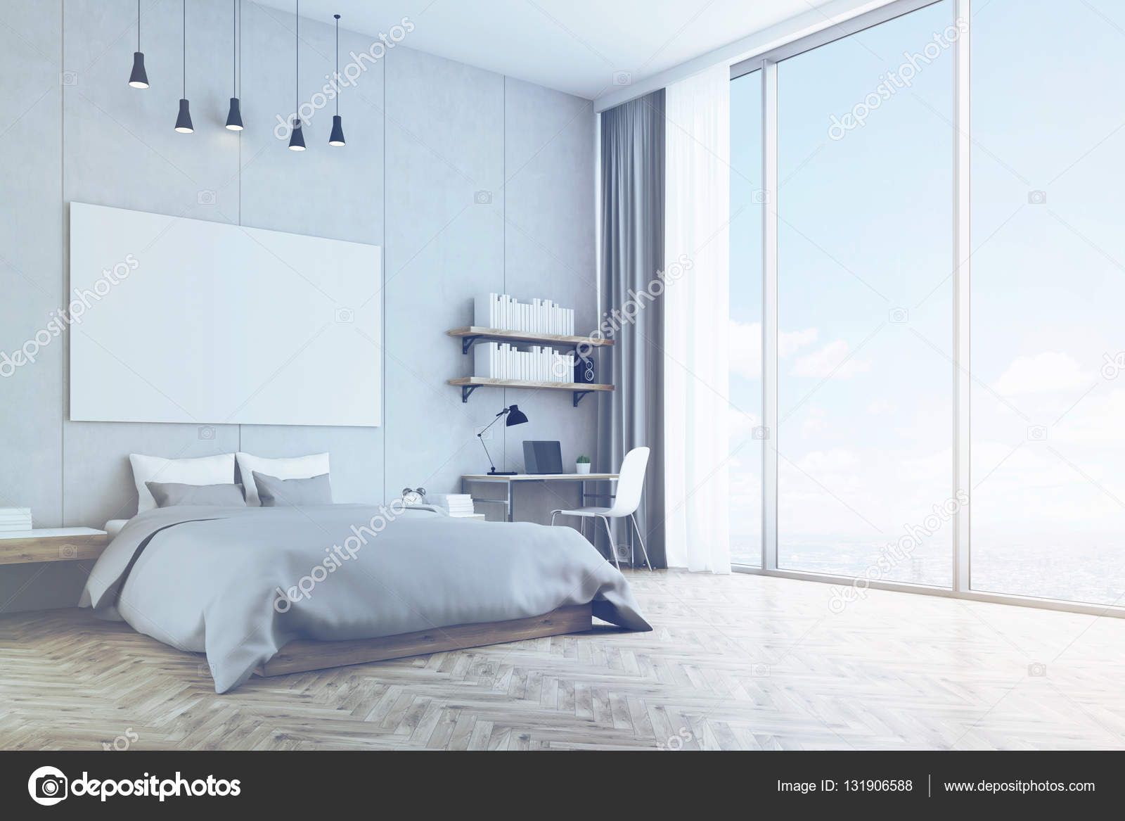 Slaapkamer met betonnen muur en houten vloer, afgezwakt — Stockfoto ... Slaapkamer met betonnen muur en houten vloer, afgezwakt — Stockfoto ...