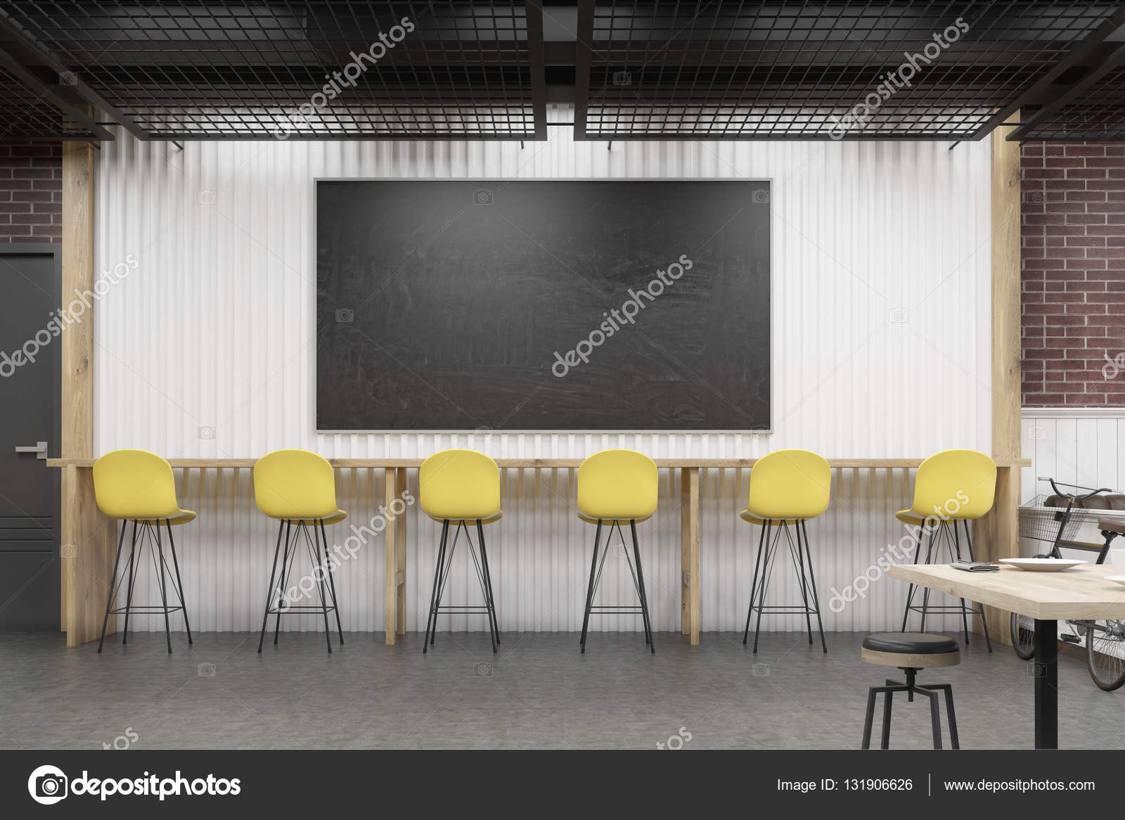 cafe interior with a chalkboard and a row of yellow chairs — stock cafe interior with a chalkboard and a row of yellow chairs — stock