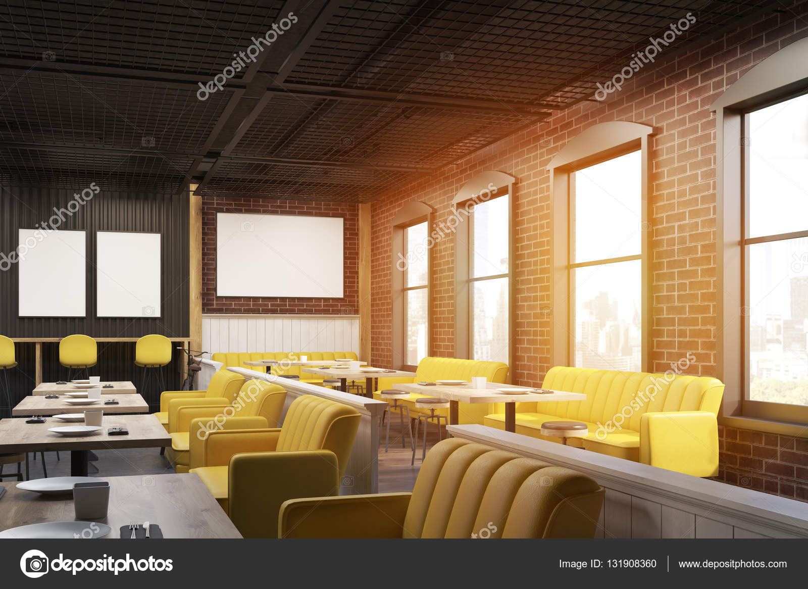 cafe interior with lots of sofas and posters, toned — stock photo cafe interior with lots of sofas and posters, toned — stock photo