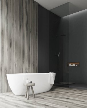 Bir küvet ve ahşap duvar bir banyo yan görünüm