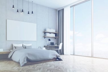 Beton duvar ve tonda ahşap zemin ile yatak odası