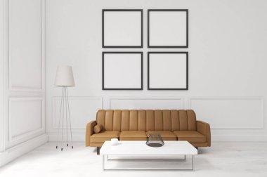 Dört poster, kahverengi kanepe ve bir sehpa ile oturma odası