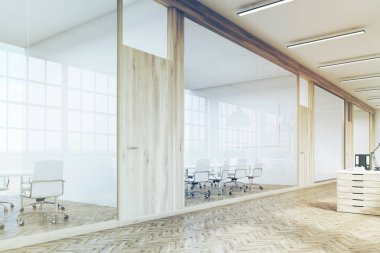 Bir uzun office koridor konferans roo bir sıra ile yan görünüm