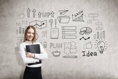 Bir klasör ve bir iş fikri ile gülümseyen sarışın işkadını sk