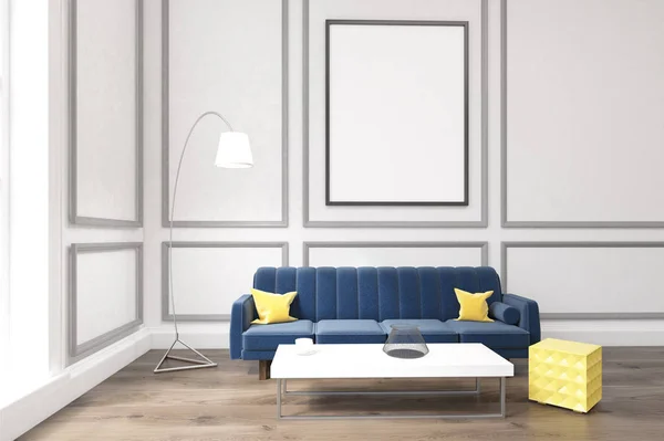 Vardagsrum med affisch, blå soffa och ett soffbord — Stockfoto