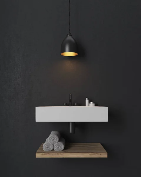 Pia do banheiro com prateleira de madeira sob ele na parede preta — Fotografia de Stock