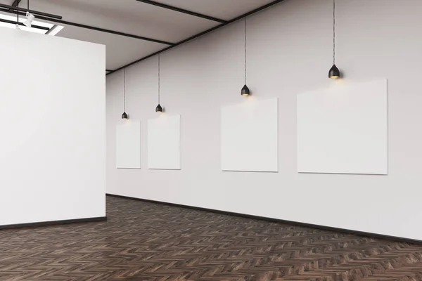 Vista lateral de una galería de arte con una pared en blanco y una fila de imágenes — Foto de Stock