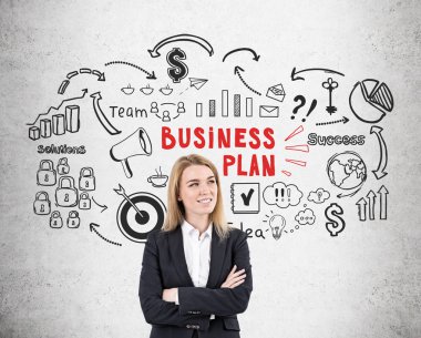 Sarışın kadın, eller, iş planı beton geçti 