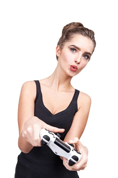 Geeky adolescente chica con un videojuego controlador —  Fotos de Stock