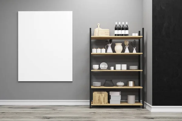 Primer plano de un armario de cocina y un póster — Foto de Stock