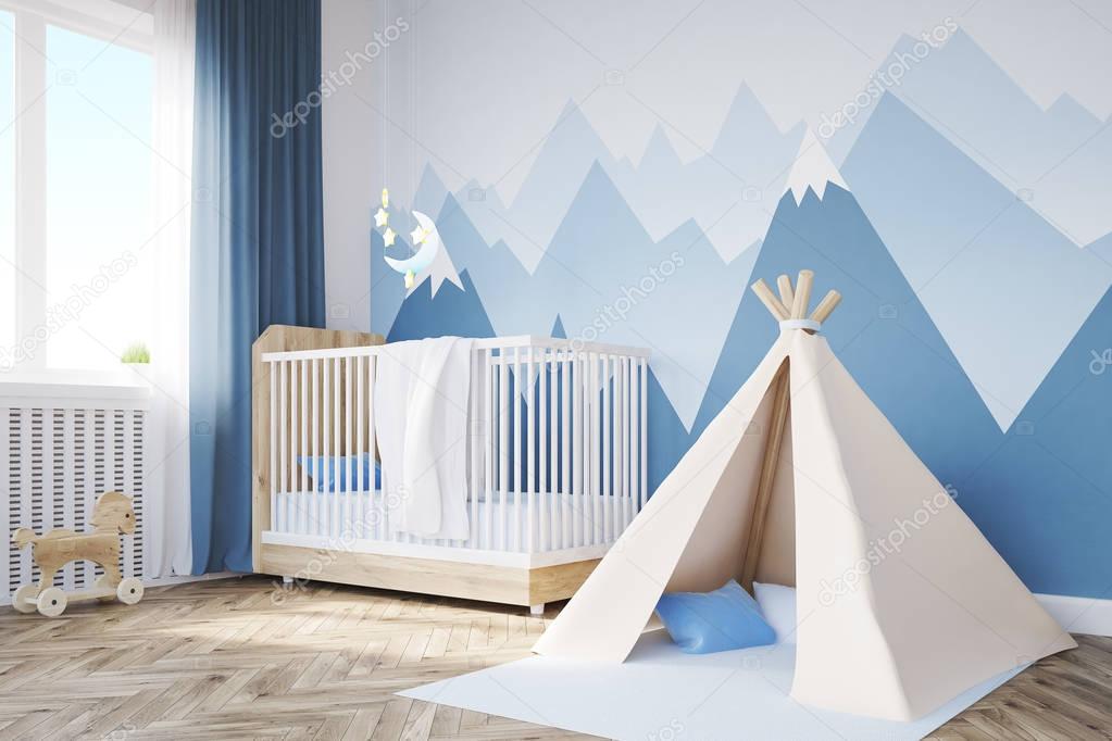 Close up of babys room, tent and mountain