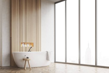 Bir banyo, pencere, beyaz ve ahşap köşe