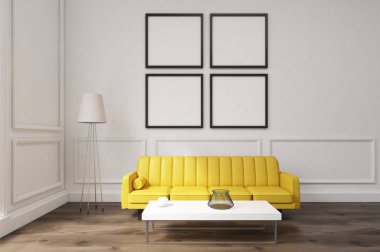 Dört poster, sarı kanepe ve bir sehpa ile oturma odası